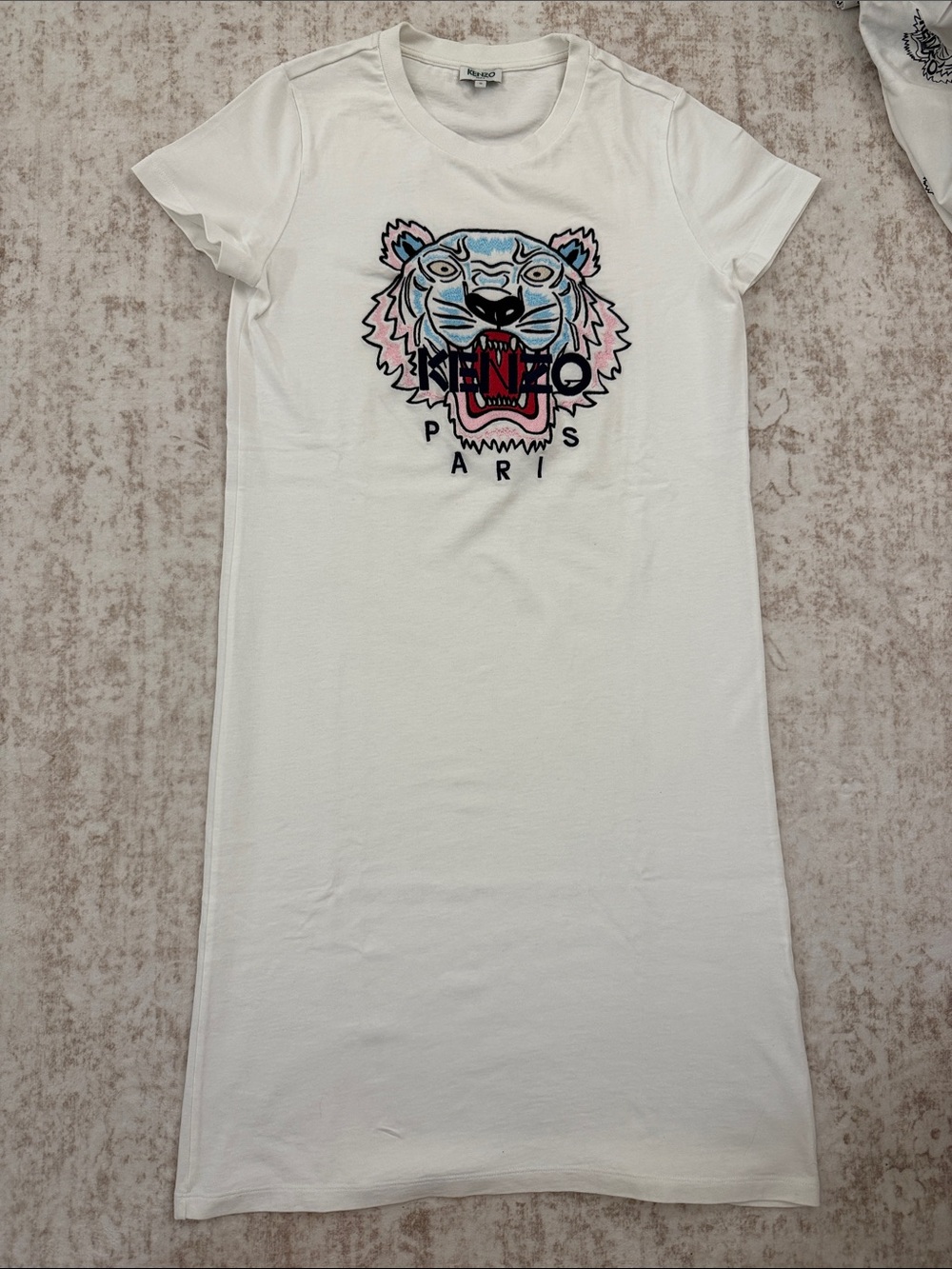 Kenzo White Tee Dress with Blue and Pink Tiger Graphic